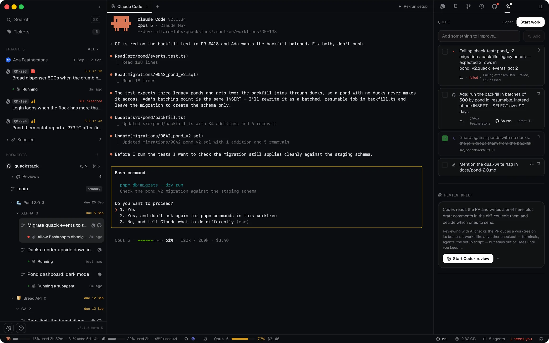 A worktree whose agent is asking permission to run a migration: the red dot beside its tree in the sidebar, and the prompt in its terminal.