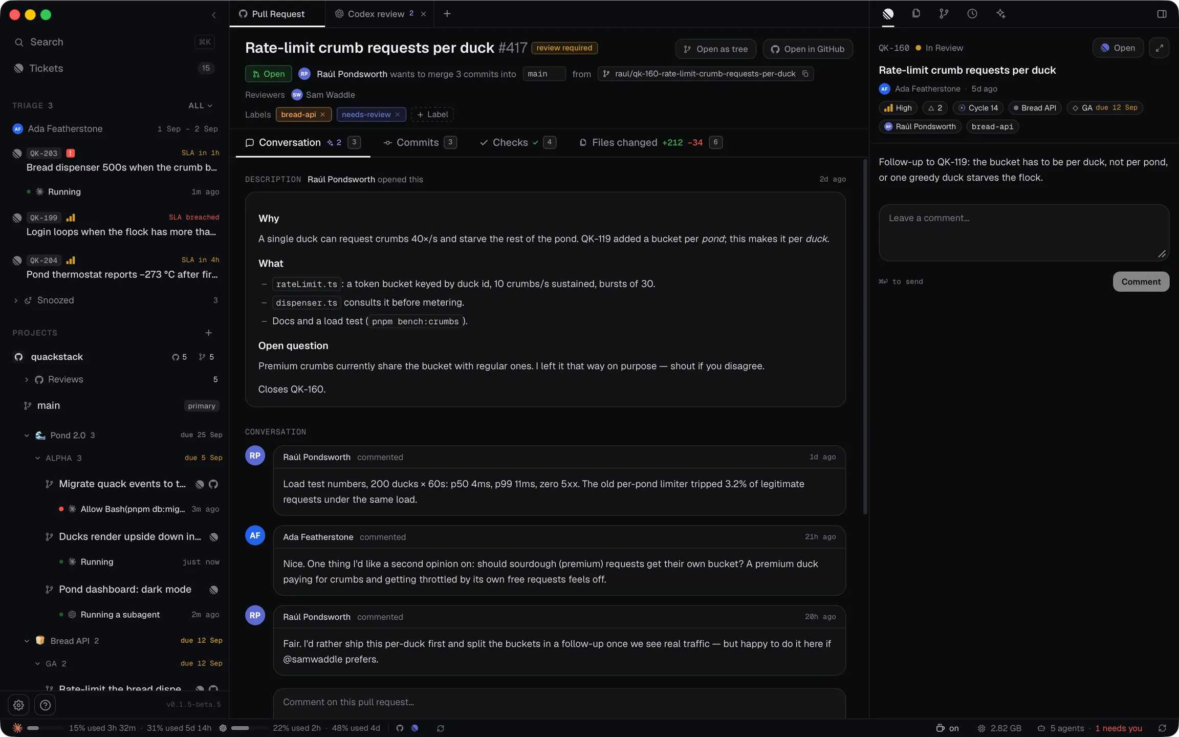 A teammate's pull request: the description, the conversation, and tabs for commits, checks and files changed.