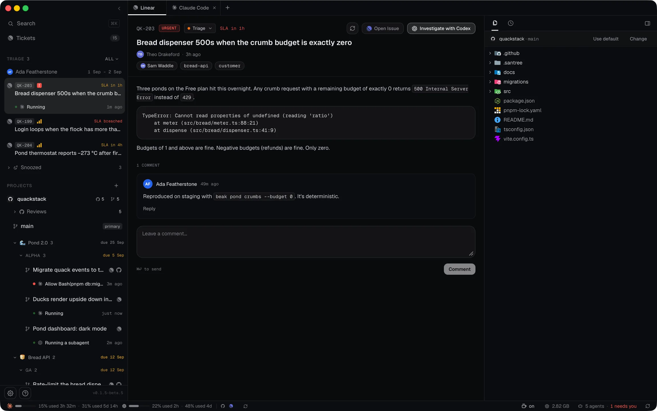 A triage ticket: its description, a stack trace and a comment, with the Investigate button beside Open Issue.